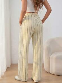 可调节腰带抽绳条纹孕妇裤，休闲高腰直筒裤 - 杏色 - 查看 5