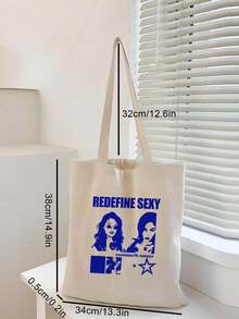 Retro Portrait Fashion Print Shoulder Bag, Casual Canvas Tote Bag, Handbag, Shopping Bag For Women, Suitable For Office, Shopping, School, Outdoor, Gift - Beige - View 2