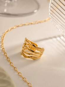 1枚不锈钢时尚几何线条开口戒指，适合女士日常及派对佩戴 - 金色 - 查看 5