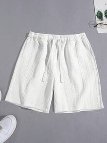 Men's White Embossed Jacquard Shorts, Loose Drawstring Waist Breathable Casual Bermuda Shorts, Versatile Style For Summer - White - View 3