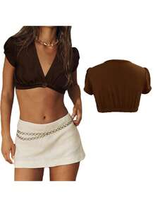 Camiseta corta de verano para mujer, estilo casual y elegante, color liso, con botones decorativos, cuello en V y manga corta. - Marrón oscuro - Ver 2