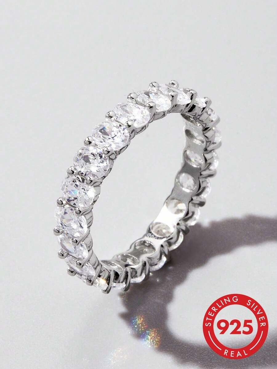 1pc Luxury Cubic Zirconia Decor Silver Wedding Band For Women For Party Engagement Bridal Jewelry - Silver - View 1