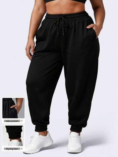 大码女式宽松抽绳腰带口袋运动裤，纯黑色，休闲运动风（2025秋冬瑜伽健身紧身裤）春季