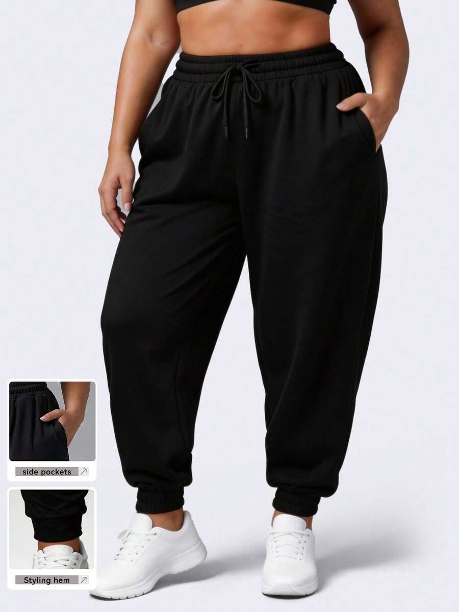 大码女式宽松抽绳腰带口袋运动裤，纯黑色，休闲运动风（2025秋冬瑜伽健身紧身裤）春季