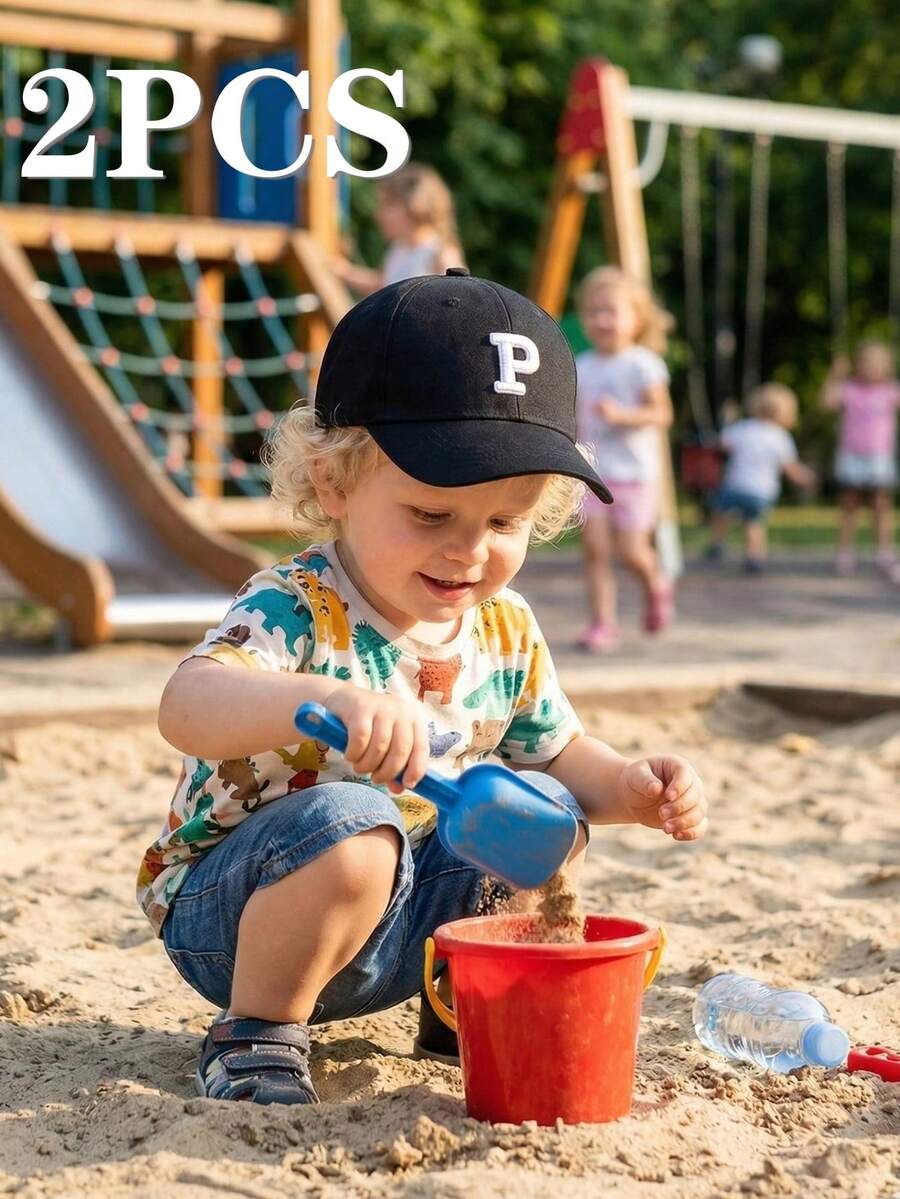 2pcs/Set Embroidery Baseball Cap For Kids Adjustable Washed Golf Toddler Hat For Boys & Girls - 2pcs Black and White - View 1