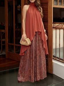 Blusa de verano de unicolor con bajo asimétrico y escote halter de moda para mujer - Naranja Quemada - Ver 1