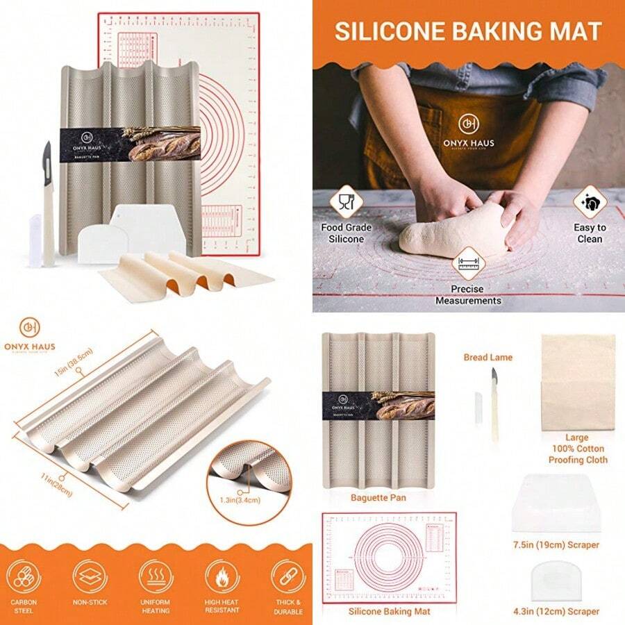 Molde perforado para baguette Tapetes de Silicona Antiadherentes para Hornear Pan Lame Raspador de Masa Baker's Couche Colección de regalo de sartenes antiadherentes para pan francés y baguette - Champn - Ver 1