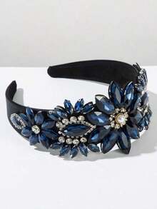 1pc Solid Color European & American Fashion Baroque Headband, Vintage Luxurious Gemstone & Faux Pearl Flower Decor Hair Hoop, High-Quality Headpiece Ball, Party Beauty Home Hair Accessories ETSJ - 藍色 - 查看 5