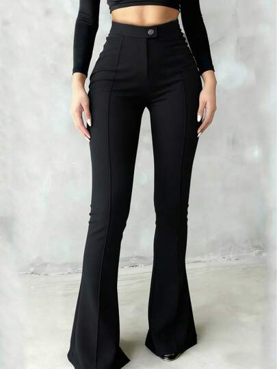 Pantalones acampanados de talle alto para mujer con diseño de costura frontal, cierre con botón, pantalones negros elásticos adecuados para ocasiones casuales y formales