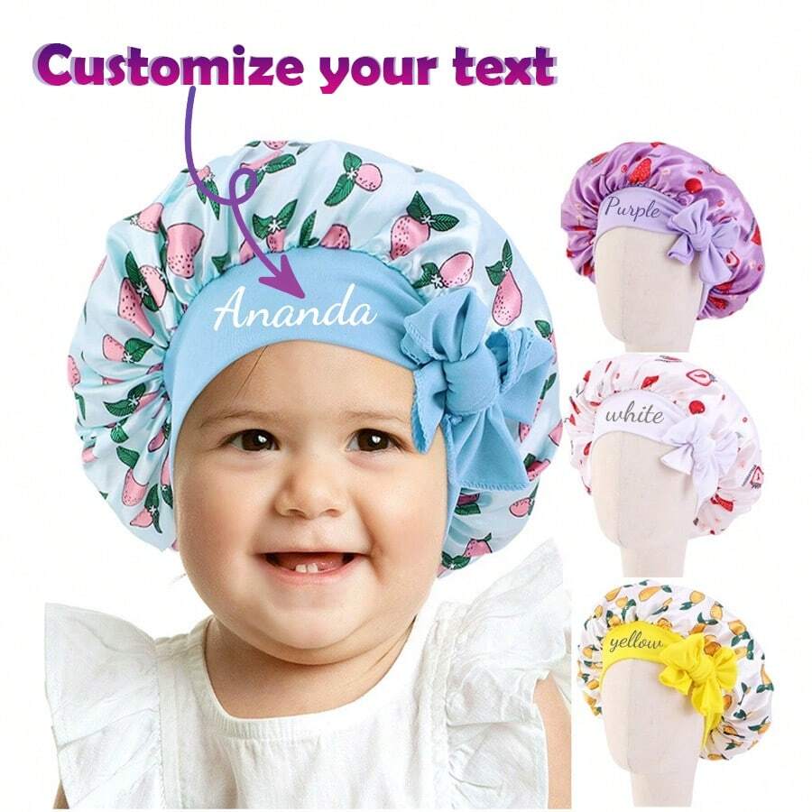 Customized Text Logo Baby Satin Sleep Cap/Bath Cap, Cute Cartoon Fruit Print, Children's Elastic Wide-Brim Round Hat, Soft & Stretchy Hair Protection, Suitable For Boys & Girls, Birthday & Daily Wear, Perfect For Sleeping, Hair Care, Bathing, Birthday Outfit, Photo Props, Home Wear - Multicolor - View 1
