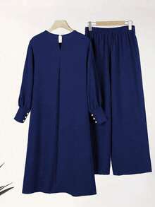 女士优雅阿拉伯风格纯色休闲端庄优雅宽松圆领灯笼袖宽松裤装春季套装 - 藏蓝色 - 查看 4