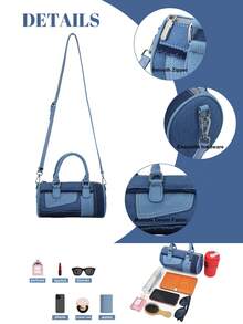 Y2K Patchwork Denim Barrel Bag Women's Frayed Raw Hem Cylinder Purse Retro Streetwear Top Handle Casual Crossbody Handbag Festival - Màu xanh lam - Xem 6