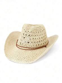 Bohemian Style Hollow Straw Hat, Summer Fashion Beach Vacation UV Protection Woven Khaki Hat - A - View 13