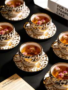 6pcs/1set Luxury Gold Ceramic Tea Set, Includes Coffee Cup And Saucer, Dishwasher . Suitable For Home Kitchen, Tabletop Decor, Afternoon Tea, Coffee Drinking, Personalized Gift, Kitchen Accessories, Festival, Party, Birthday, Wedding And Dinner. Valentine's Day Gift For Him - Multicolor - View 3