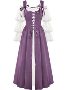 Women's Renaissance Costume Medieval Lace Up Corset Dress Puff Sleeve Peasant Dress - Purple - View 1