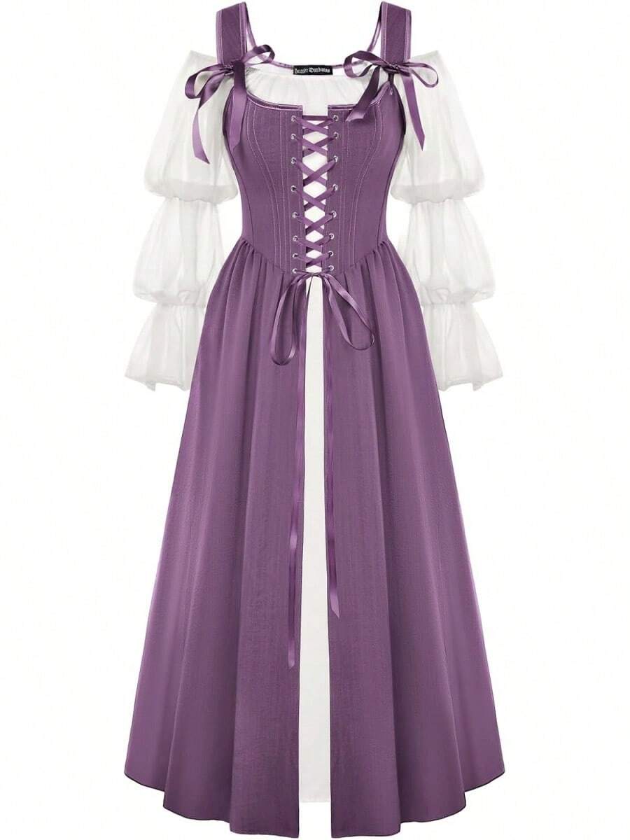 Women's Renaissance Costume Medieval Lace Up Corset Dress Puff Sleeve Peasant Dress - Purple - View 1