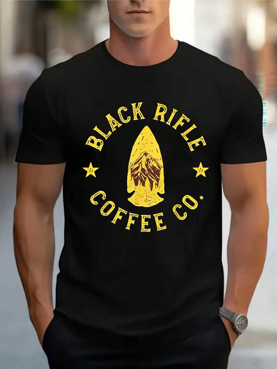 Men's Black Rifle Coffee Co Logo Print Tee - Black Casual Summer T-Shirt, Comfortable Regular Fit Round Neck Short Sleeve Top For Casual Attire And Outdoor Activities, Everyday Outfit, Statement Lightweight Shirt, Mens Fashion - 黑色 - 查看 1