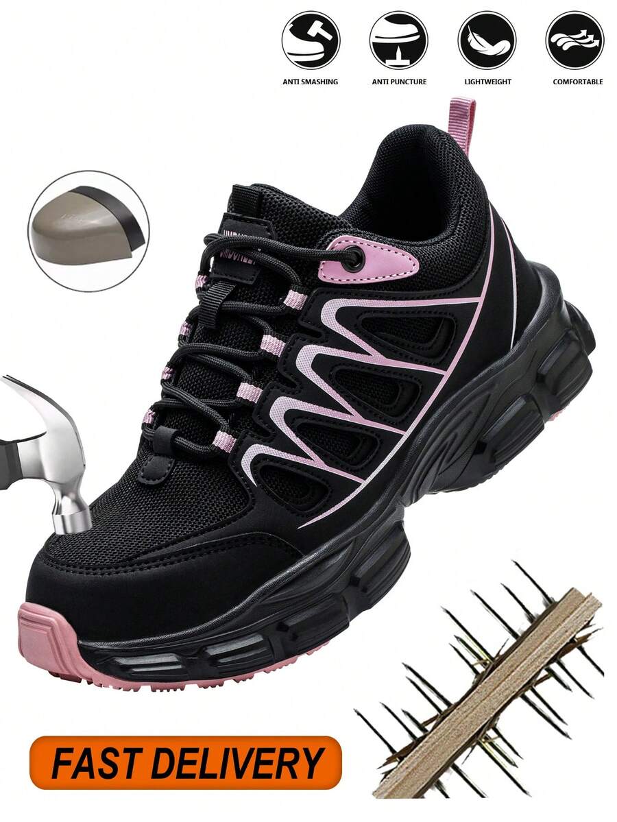 UMBURLLY Safety Shoes For Women, Anti-Smash Steel Toe Puncture-Resistant Kevlar Fashion Stripes Outdoor Ladies Work Shoes Workshop Industrial Safety Boots Autumn And Winter - 黑色 - 查看 1