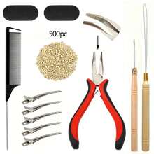 Hair Extension Tool Set With Hair Clips, Pointed Comb, Lacing Needle, Hooks, 500 Mini Rings, For Wigs And Feather Extensions - View 9