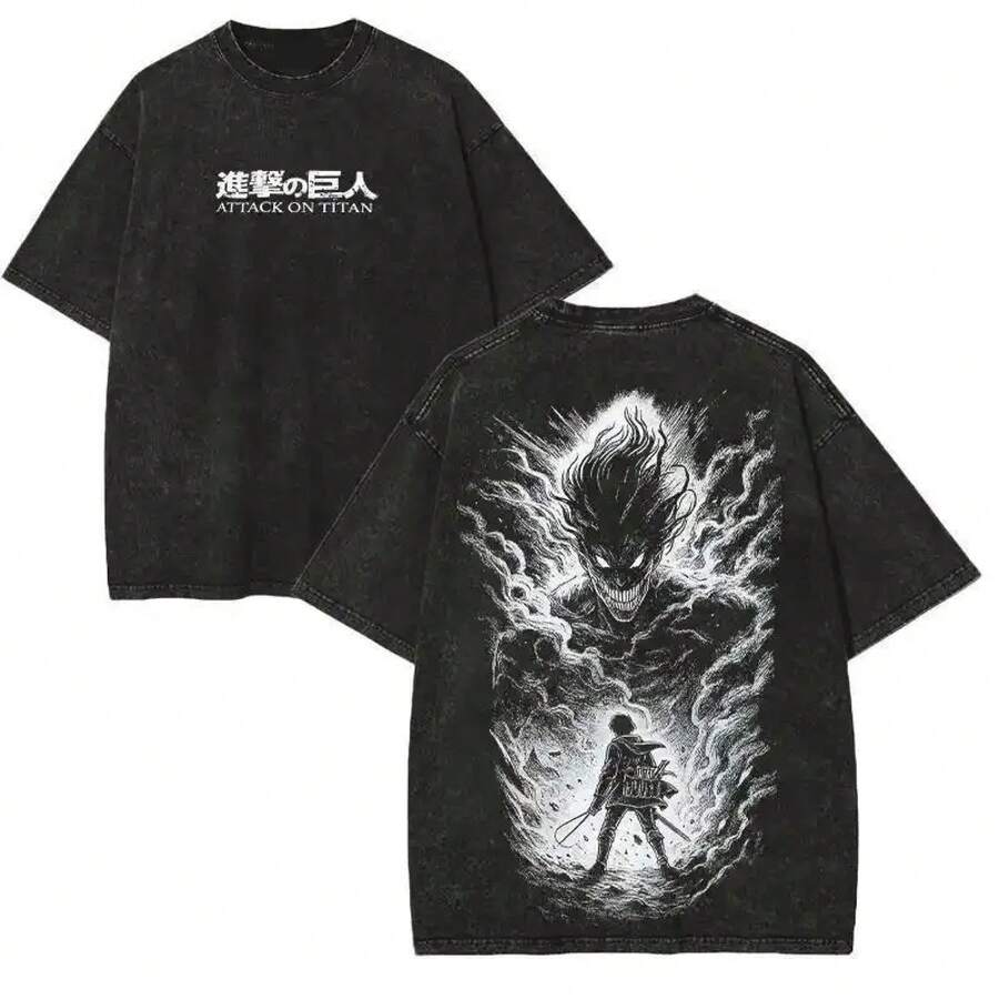 Anime Oversized Heavy Cotton Tee Washed Manga Graphic T-Shirt Unisex, Gift For Anime Lovers Oversized Washed T-Shirt Premium Vintage Anime Graphic Tee For KNY Fans| Streetwear Style Cosplay - 黑色 - 查看 1