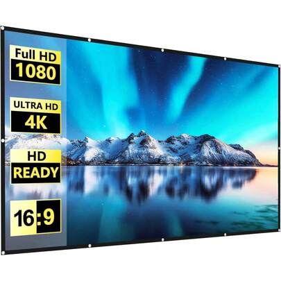 Màn chiếu tỷ lệ 16:9 độ phân giải cao, kích thước 60-150 inch - Chất liệu polyester dày dặn, dễ lắp đặt, không nhăn, góc nhìn rộng 165° - Thiết kế gấp gọn liền mạch. Thích hợp sử dụng trong nhà và ngoài trời (có móc treo).