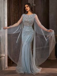 New Arrival Light Blue Evening Gown, Shawl Sleeve Mesh Sequin Embroidered Dress - Baby Blue - View 2