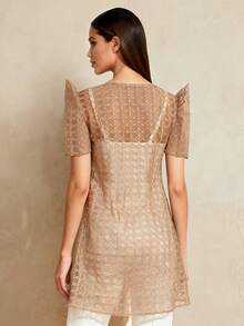 1 chiếc áo cardigan ngắn tay kiểu cánh bướm Filipiniana khoét rỗng dành cho nữ, màu sâm panh, thích hợp cho kỳ nghỉ và mặc hàng ngày, mùa xuân/hè. - Rượu sâm banh - Xem 2