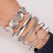 5pcs Vintage Exaggerated Luxury Geometric Design Wide Metal Gold Bangle Set, Suitable For Everyday Wear And Gifting - Silver - View 2