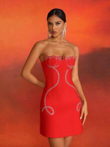 Love Aing Red Strapless Mini Dress With Tulip Floral Pattern, Sexy Party Holiday Cocktail Dress Suitable For Dances, Gatherings, Weddings; Luxurious Elegant Formal Gown, Suitable For Bridesmaids And Brides - Red - View 2