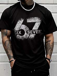 Camiseta uni de algodón puro, clásica, de manga corta, estilo urbano, con estampado gráfico desgastado. Camiseta con estampado del número 67. Moda masculina, moderna, informal, resistente. Para hombre adulto, estilo urbano, camisa de verano, blusa, top básico, camiseta. Algodón suave, informal, para uso diario, estilo para el trabajo, duradera y cómoda, diseño atractivo, ideal para el tiempo libre. - Negro - Ver 5