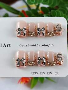 10pcs High-End Luxury Design, Hand-Painted Zebra Pattern, 3D Bow Decor, Sparkling Gemstone Embellished Nail Art Stickers, Suitable For Daily Office, Business Meetings, Colleague Gatherings, And Holiday Events - Baby Pink - View 2