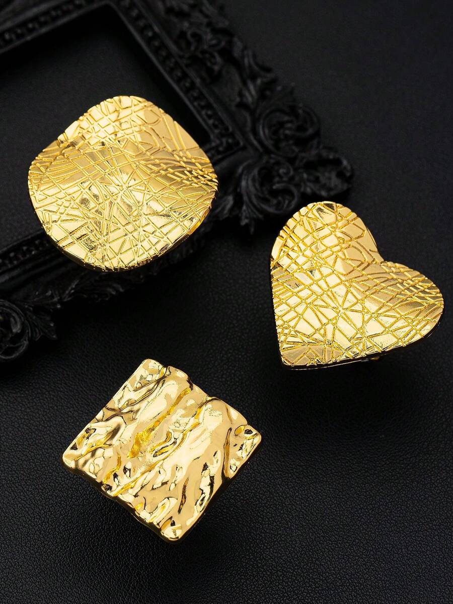 3件套纹理可调节金色戒指套装,时尚个性化金属铭牌夸张纹理图案简约设计百搭戒指 - 金黃色 - 查看 1