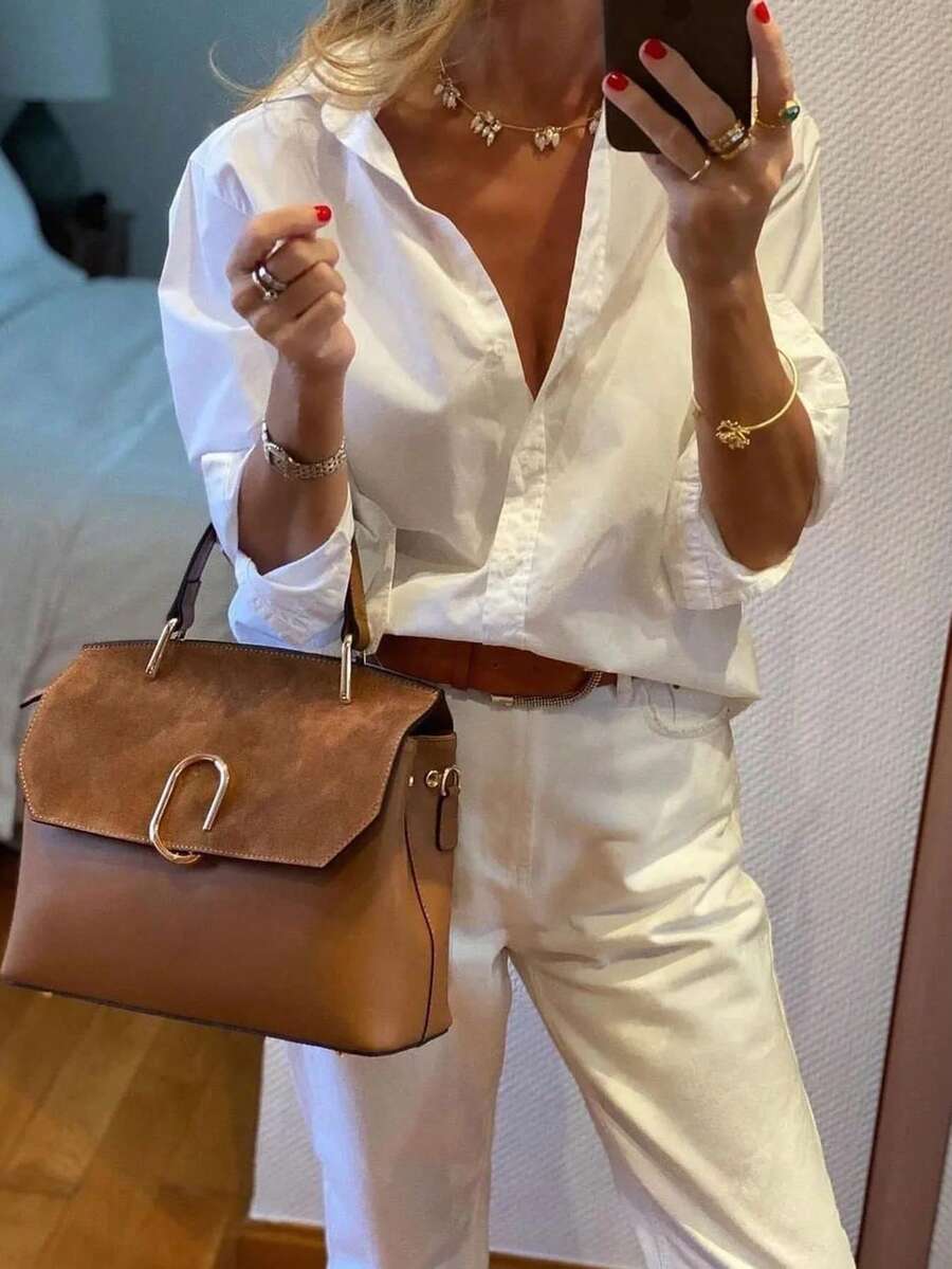 Áo sơ mi dài tay bằng vải dệt màu trắng, cổ áo cardigan, cài cúc, kiểu dáng thông thường. - trắng - Xem 1