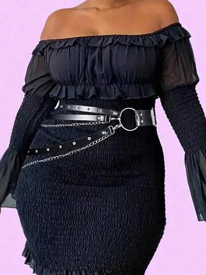 1pc Women's Plus Size Black PU Leather Belt With Chain, Punk Style Adjustable Round Ring Decor Belt, Suitable For Music Festivals, Parties, Holidays, And Celebrations