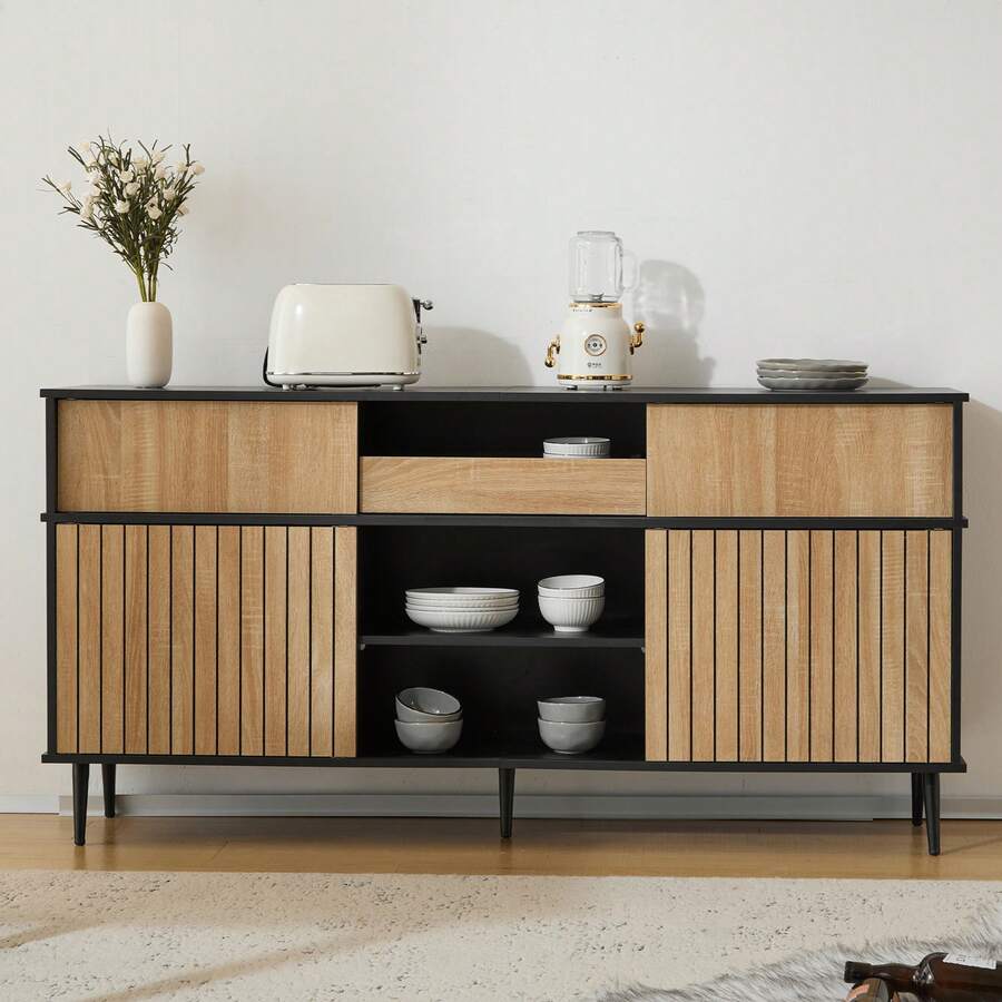 Four Sliding Doors With A Chest Of Drawers, Combining Oak And Black Wood. Dimensions: 160 Cm Wide * 40 Cm High * 80 Cm Deep. - Black + Natural Colors - View 1