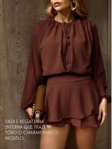 Chiffon Romper With A Tie-Neckline, Puff Sleeves, And A Layered A-Line Hem For A Bohemian Look. - Cà phê nâu - Xem 1