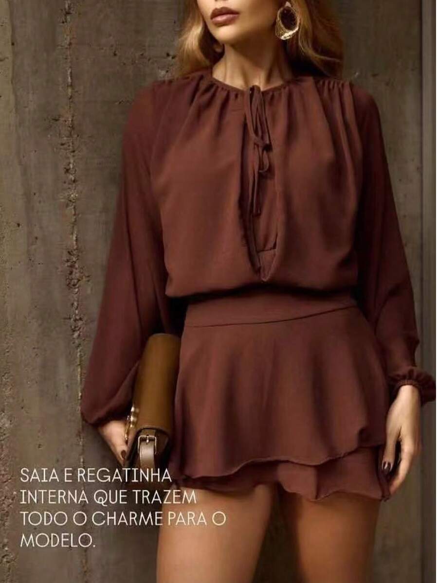 Chiffon Romper With A Tie-Neckline, Puff Sleeves, And A Layered A-Line Hem For A Bohemian Look. - Cà phê nâu - Xem 1