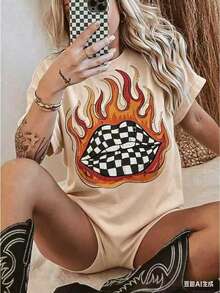 Checkered Flame Lips Shirt Western Graphic Tee Oversized Country Concert Tshirt  Western Clothes Retro Country Tee  Funny Graphic Tshirts - 杏色 - 查看 3