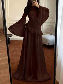 Women's Elegant Flounced Splice Cinched Waist Flare Sleeve Dress, Spring/Summer - 咖啡 - 查看 1