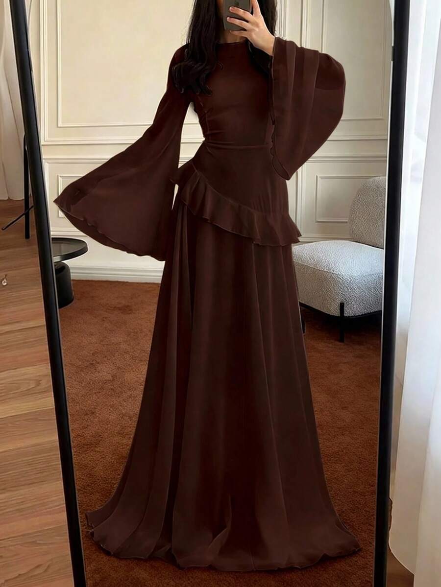 Women's Elegant Flounced Splice Cinched Waist Flare Sleeve Dress, Spring/Summer - 咖啡 - 查看 1