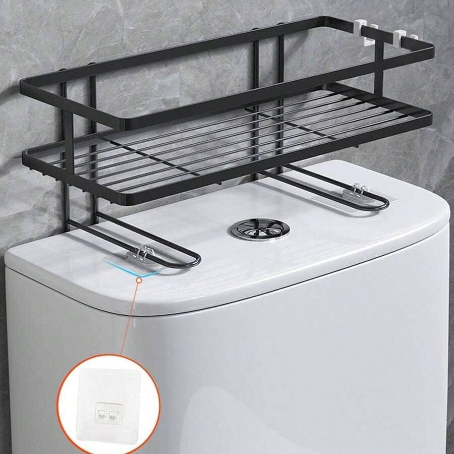 Kệ treo tường phòng tắm bằng kim loại màu đen, không cần khoan, giỏ đựng đồ một tầng có giá để giấy vệ sinh, kệ phòng tắm chống thấm nước và chống gỉ sét, lắp đặt phía trên bồn cầu.