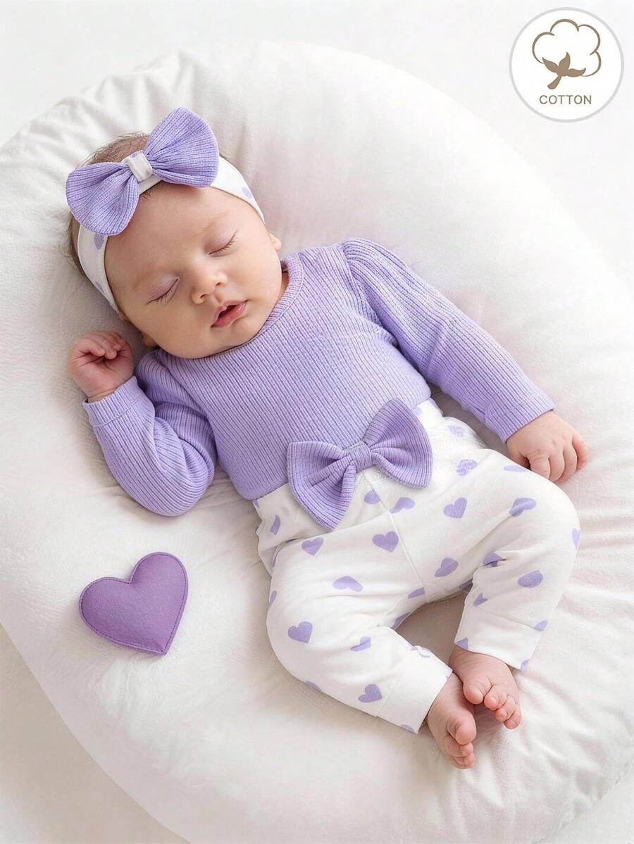 3pcs/Set Newborn Baby Girls Cute Ribbed Puff Sleeve Romper, Heart Pattern Bow Pants And Headband Set, Autumn/Winter - Mauve Purple - View 1