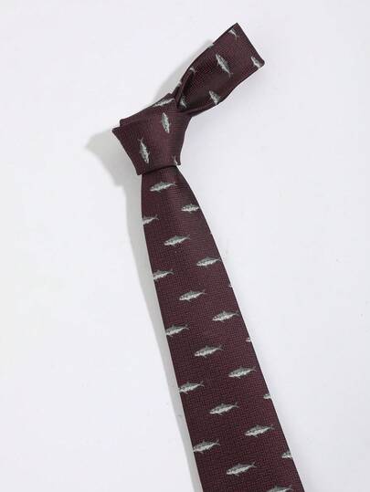 1pc Fashionable Burgundy Tie With Delicate Fish Pattern, Versatile For Casual, Party, Banquet Matching