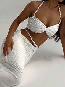 DOUCIU 2pcs Set Elegant Pearl Decor Backless Crop Top And Mini Skirt Suit - White - View 4