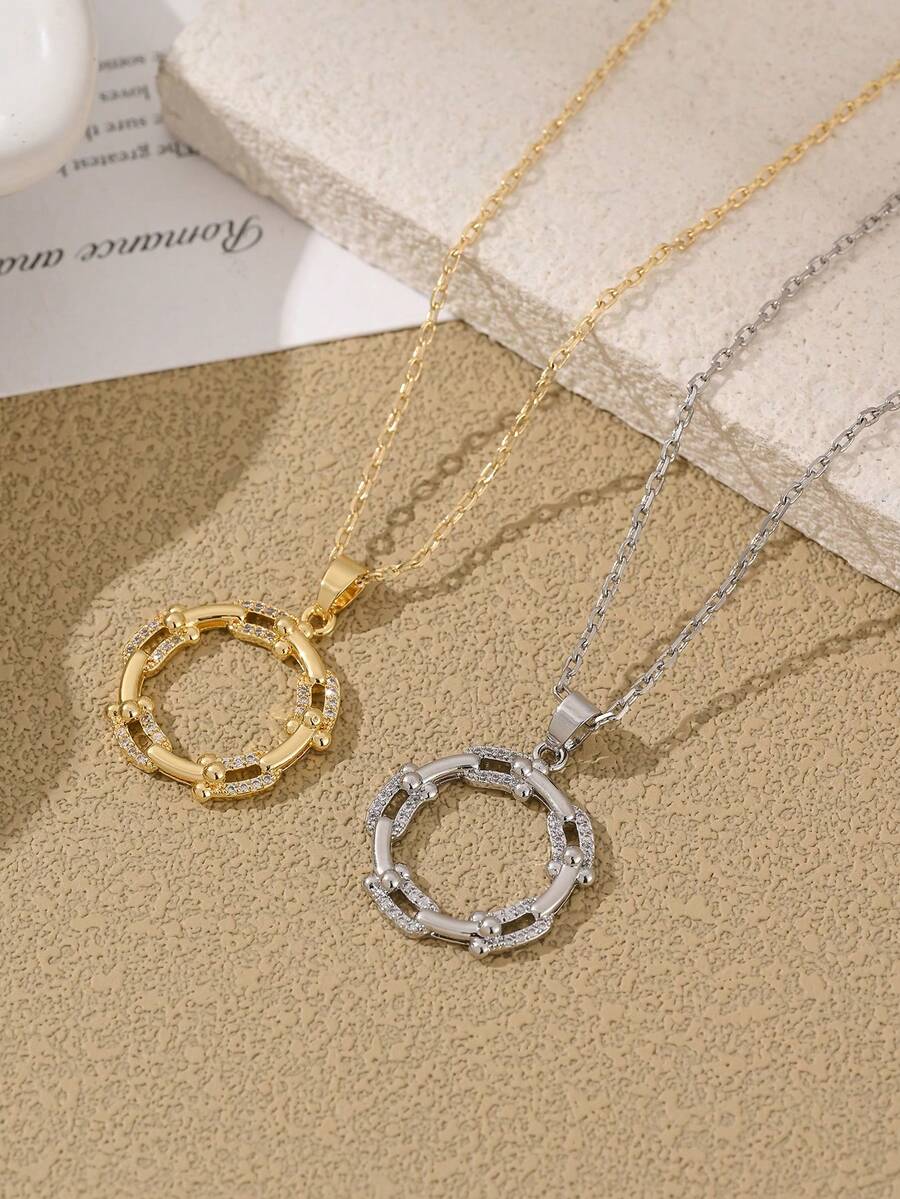 2pcs 24K Gold Plated Copper Geometric Rhinestone Hoop Pendant Necklaces, Minimalist & Elegant, Versatile For Daily Wear, Gift For Girlfriend/Wife - Gold - View 1
