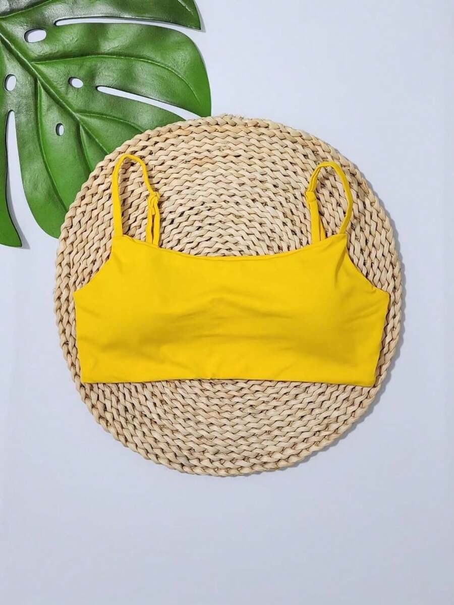 Simple Bikini Top With Thin Straps, Removable Padding, And Separate Adjuster, Polyamide - Yellow - View 1