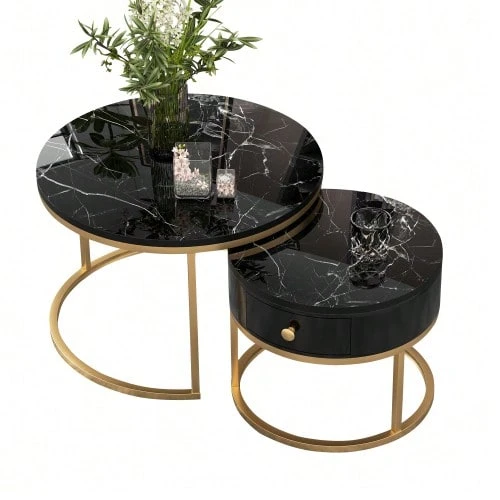 (Model WF303615AAW Instructions Change) Modern Stackable Coffee Table With Glossy Marble Finish, Set Of 2 Pieces, Round Coffee Tables, Round Stackable Side Table - Black - View 1