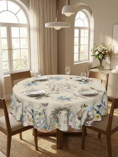 1 Piece French Country Floral & Butterfly Print Round Tablecloth, Vintage Romantic Home Style Polyester Stain Resistant Waterproof Table Cover With Scalloped Edge, Oil Proof Dust Proof Wrinkle Free Washable Reusable Table Cloth, Ideal For Wedding Receptions, Bridal Showers, Formal Dining, Garden Parties, Essential Kitchen & Home Supply,Home Decor Table Cloth Kitchen Wedding Wedding Table Centrepiece Room Decor Vintage Decor Graduation Season Mother's Day Wedding Season Babyshower