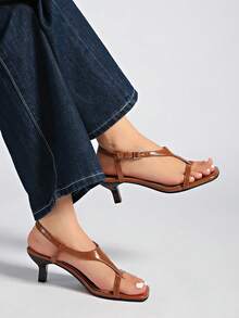 2025 Spring/Summer New Brown Suede Round Toe Chunky Heel Open Toe High Heel Sandals For Women,Kitten Heels,Flip Flops - Brown - View 2