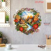 1 pieza Colgante de paisaje rural 2D/plano, kit de pintura de arte de diamante acrílico plano con forma de cristal especial, colgante DIY de cristal para decoración de pared y puerta del hogar, regalo decorativo creativo - A - Ver 2